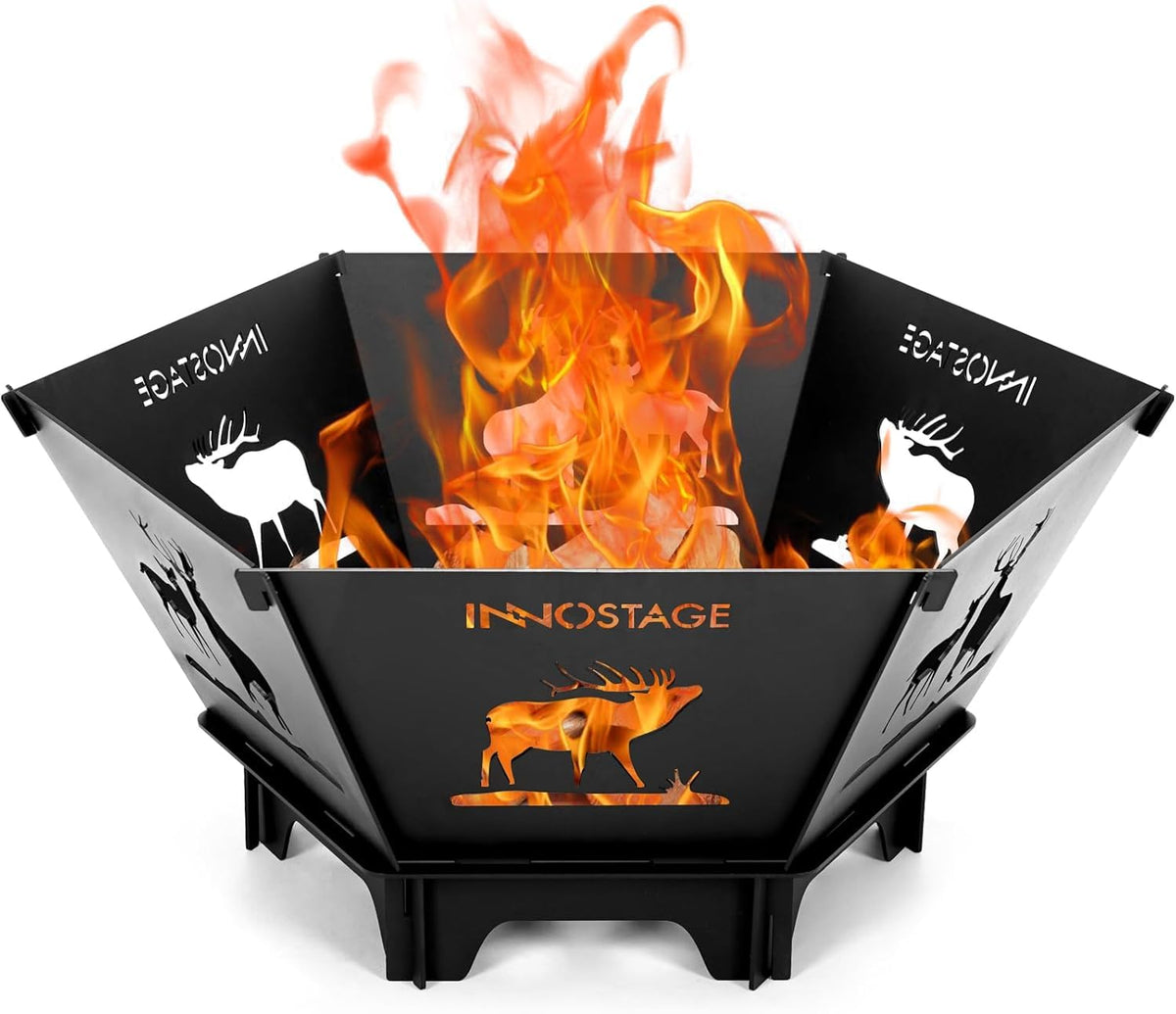INNO STAGE front view showing collapsed and set up fire pit, easy transport benefit