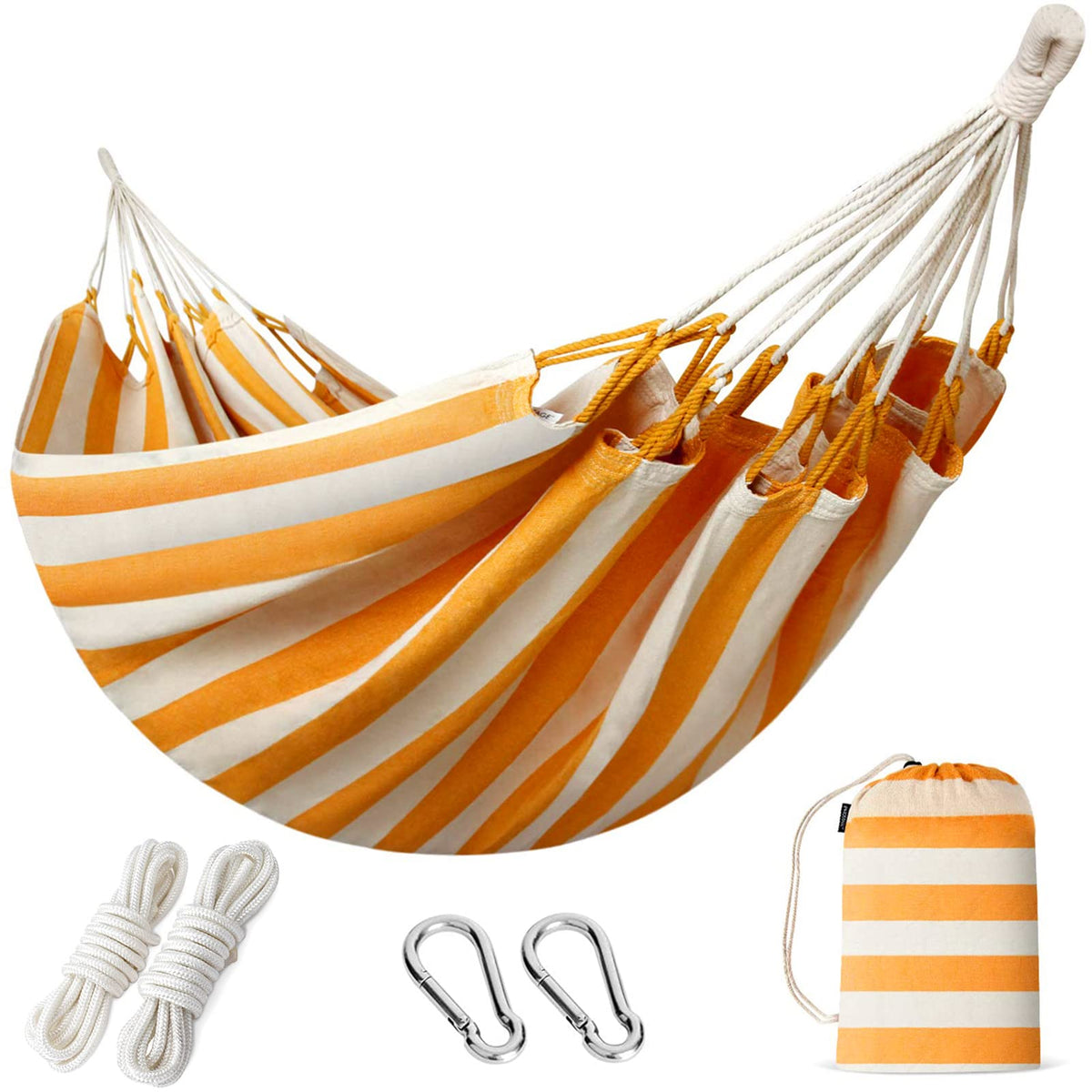 INNO STAGE front view of yellow double hammock showing roomy sleeping surface and portability