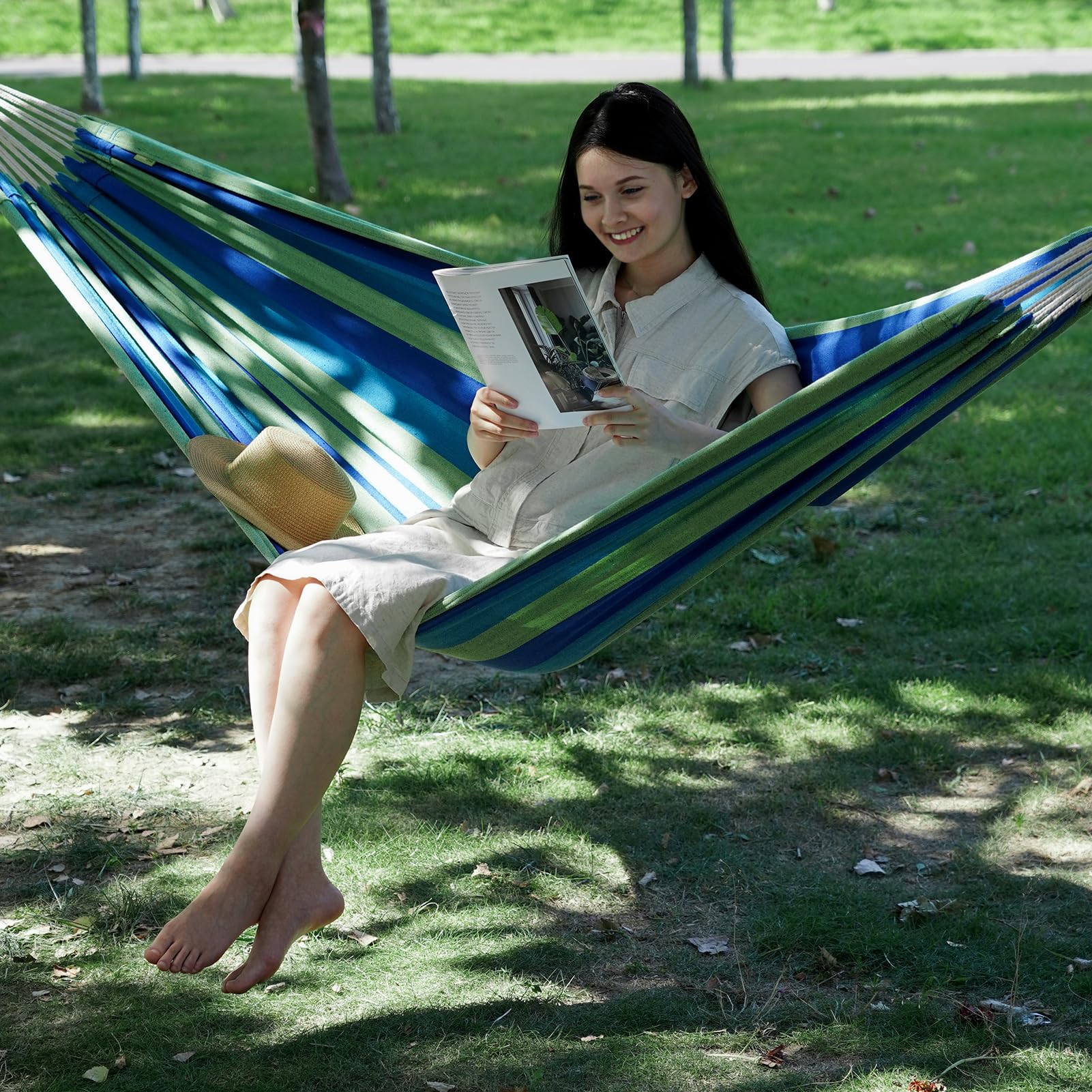 INNO STAGE hammock hanging between trees with included tree straps for easy setup