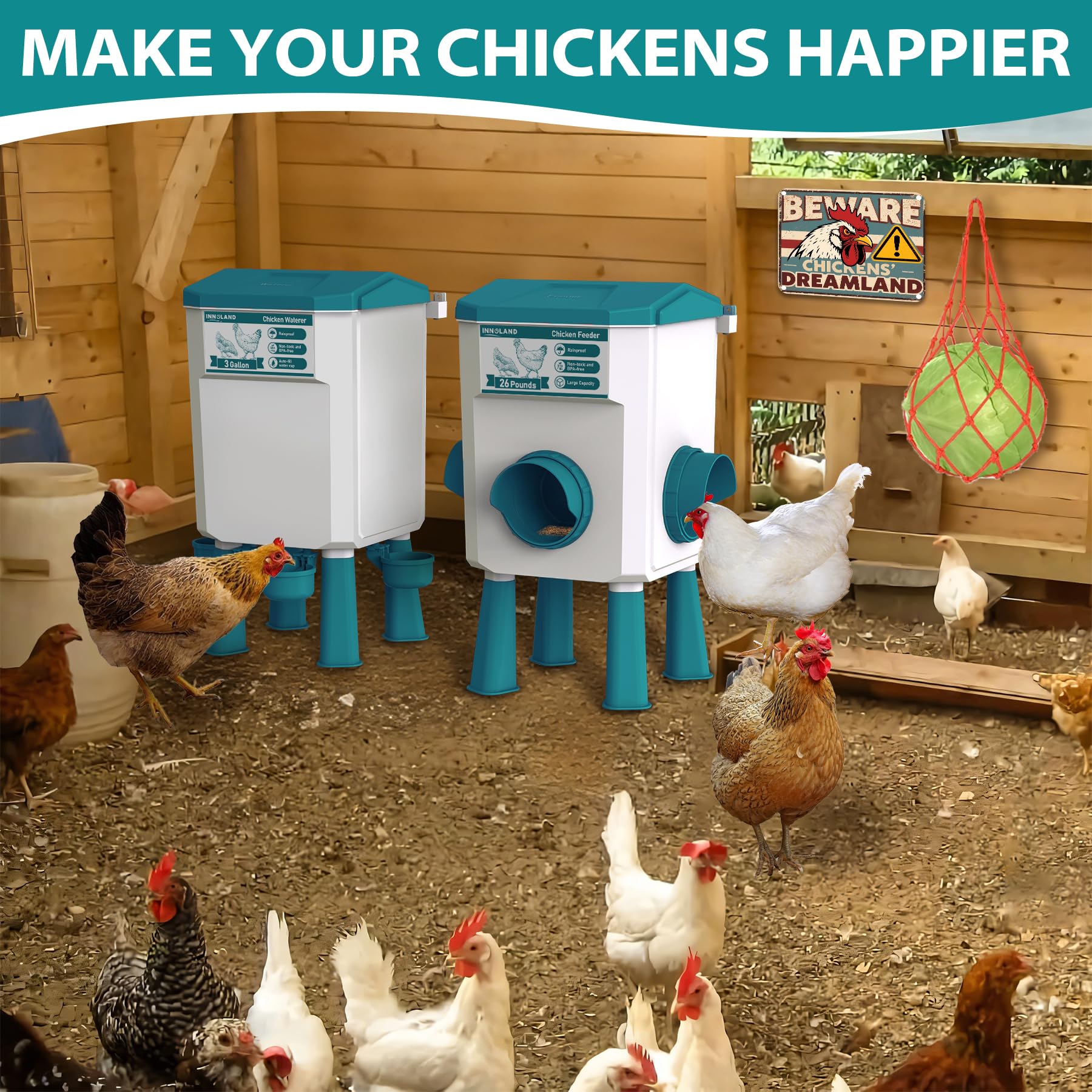 INNOLAND lifestyle scene hens using feeder and waterer reducing waste