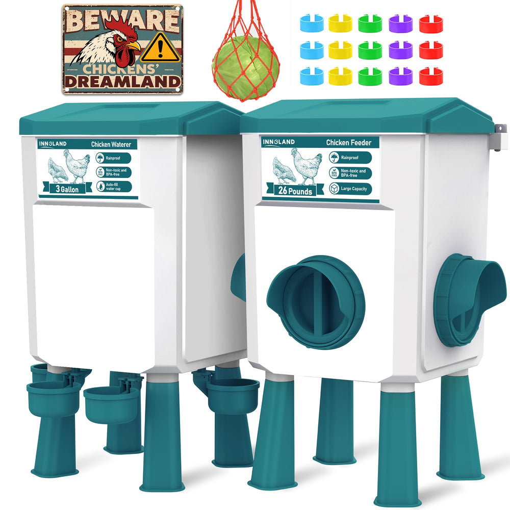 INNOLAND front view showing feeder and waterer set for easy feeding