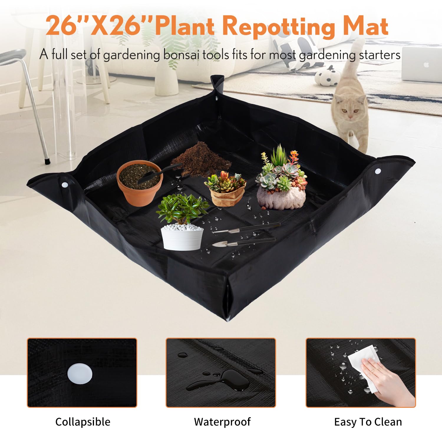 Inntop repotting mat unfolded into basin containing soil to protect surfaces