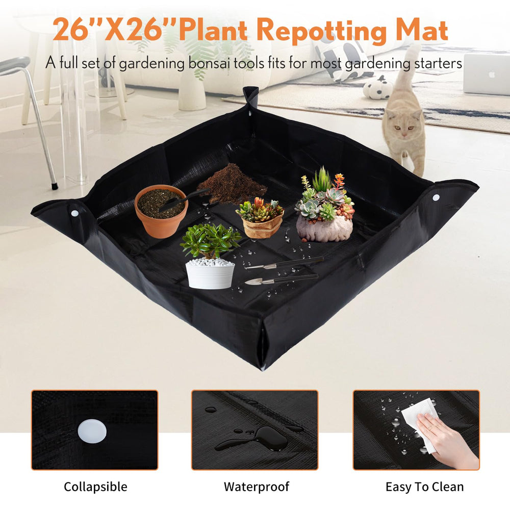 Inntop repotting mat unfolded into basin containing soil to protect surfaces
