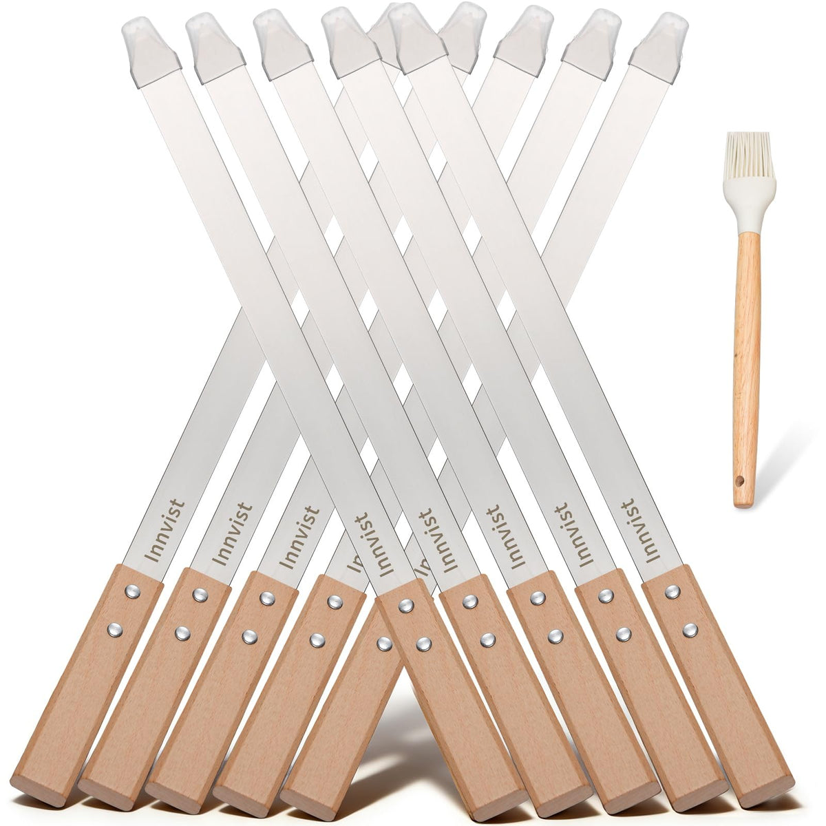 Innvist full skewer set front view showing ten long skewers and accessories for versatile grilling