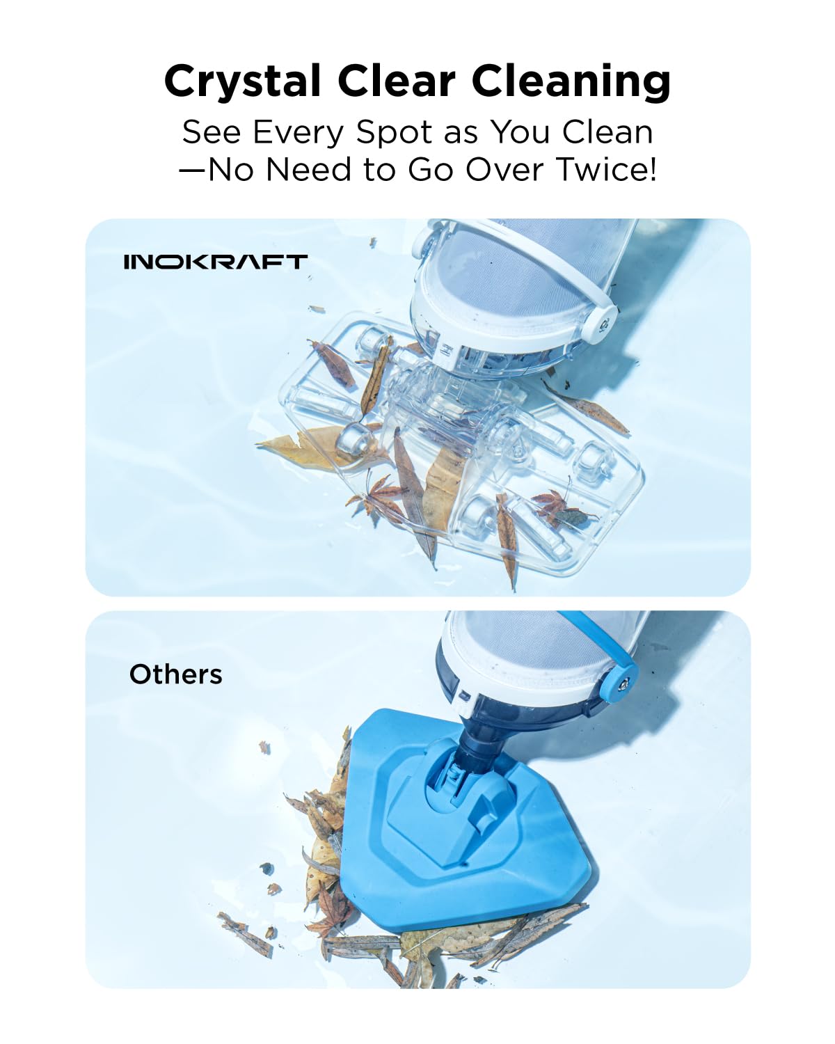 InoKraft transparent suction head closeup showing visible debris pickup benefit