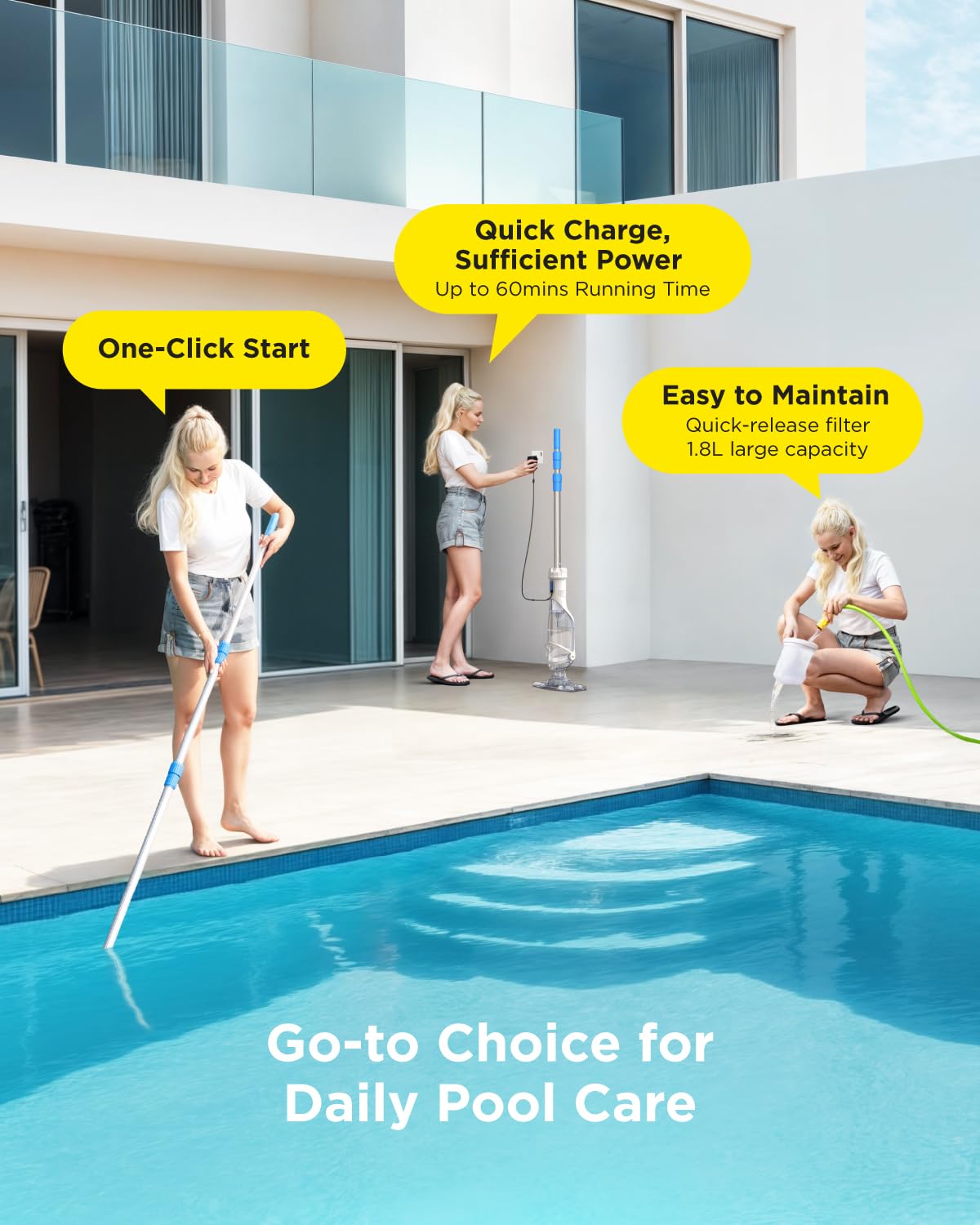 InoKraft vacuum in use on an above ground pool cleaning leaves efficiently benefit