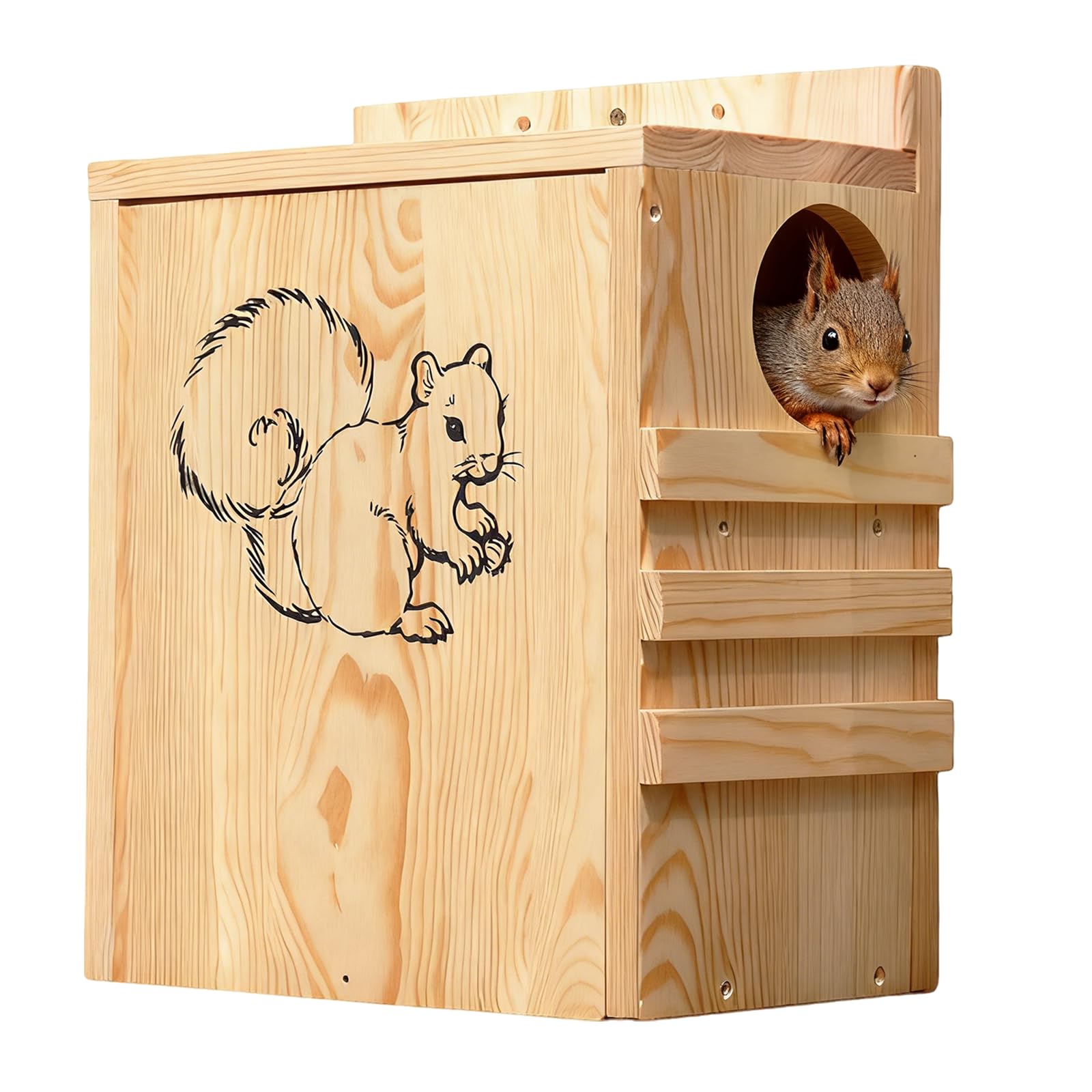 INRLKIT front view wooden squirrel house showing secure entrance and natural look