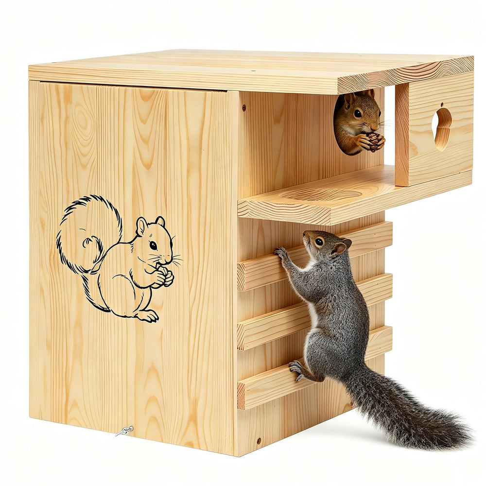 INRLKIT front view of squirrel house showing weatherproof pine construction and safe entrance
