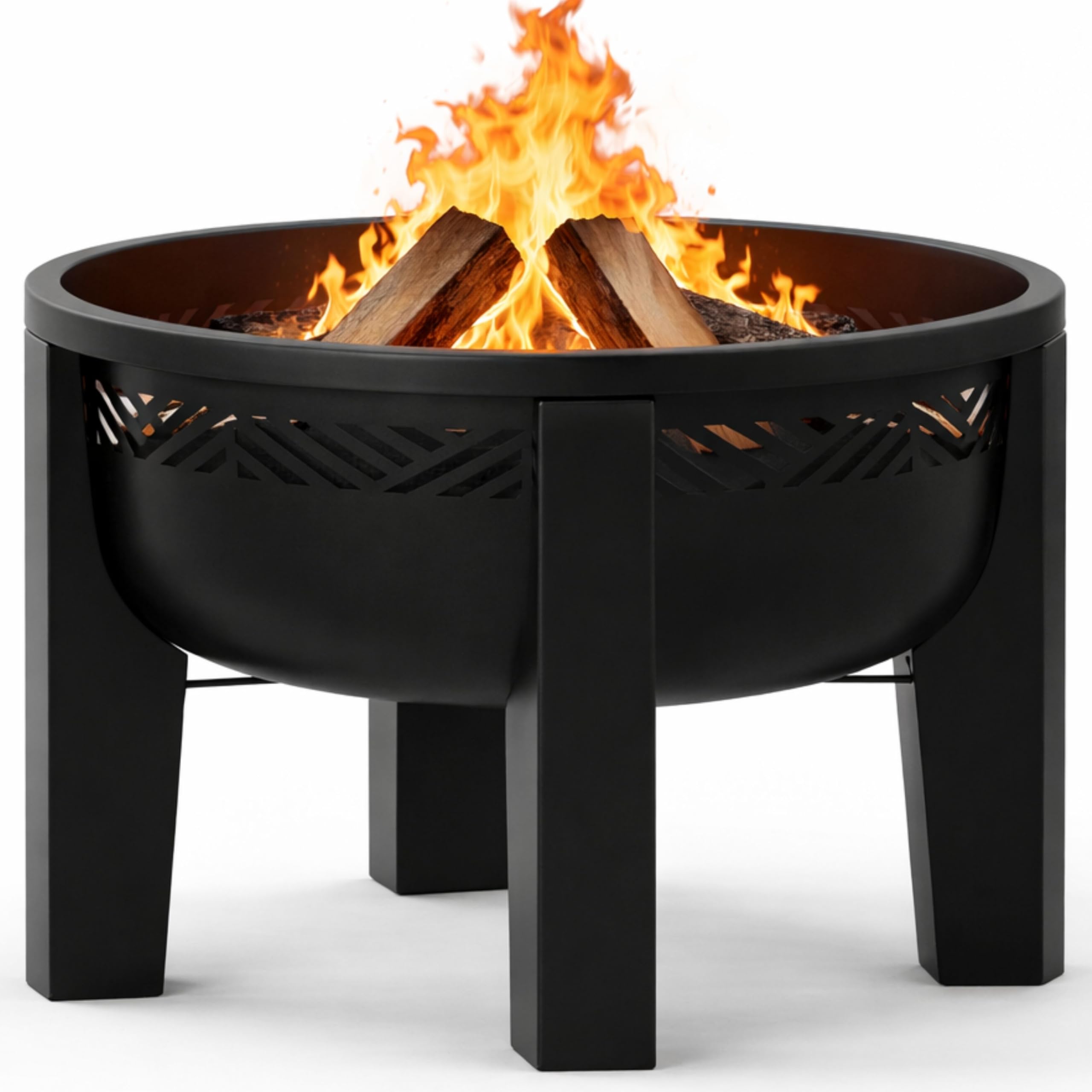 INSIDE OUT front view of fire pit showing sleek black finish and sturdy bowl benefits warmth