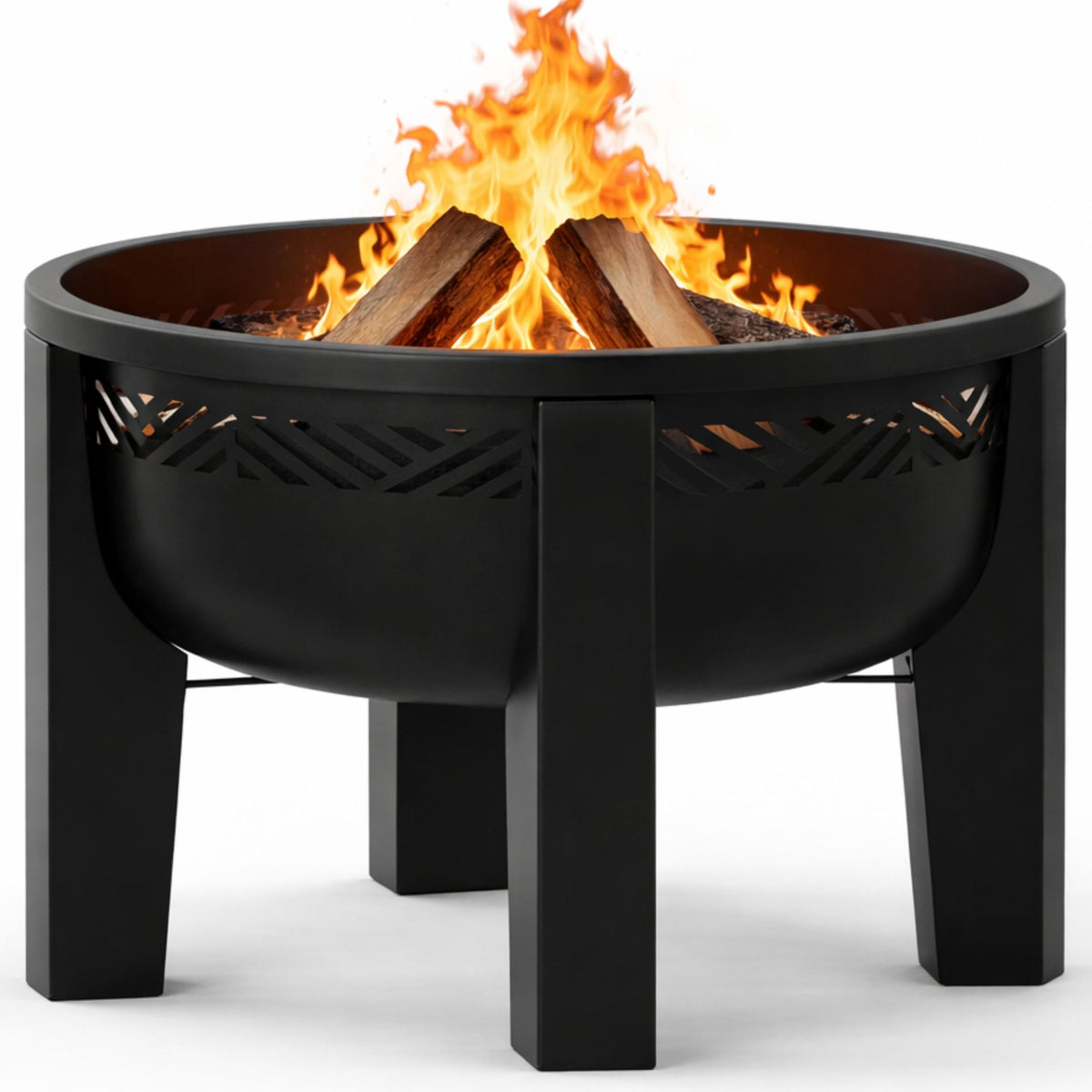 INSIDE OUT front view of fire pit showing sleek black finish and sturdy bowl benefits warmth