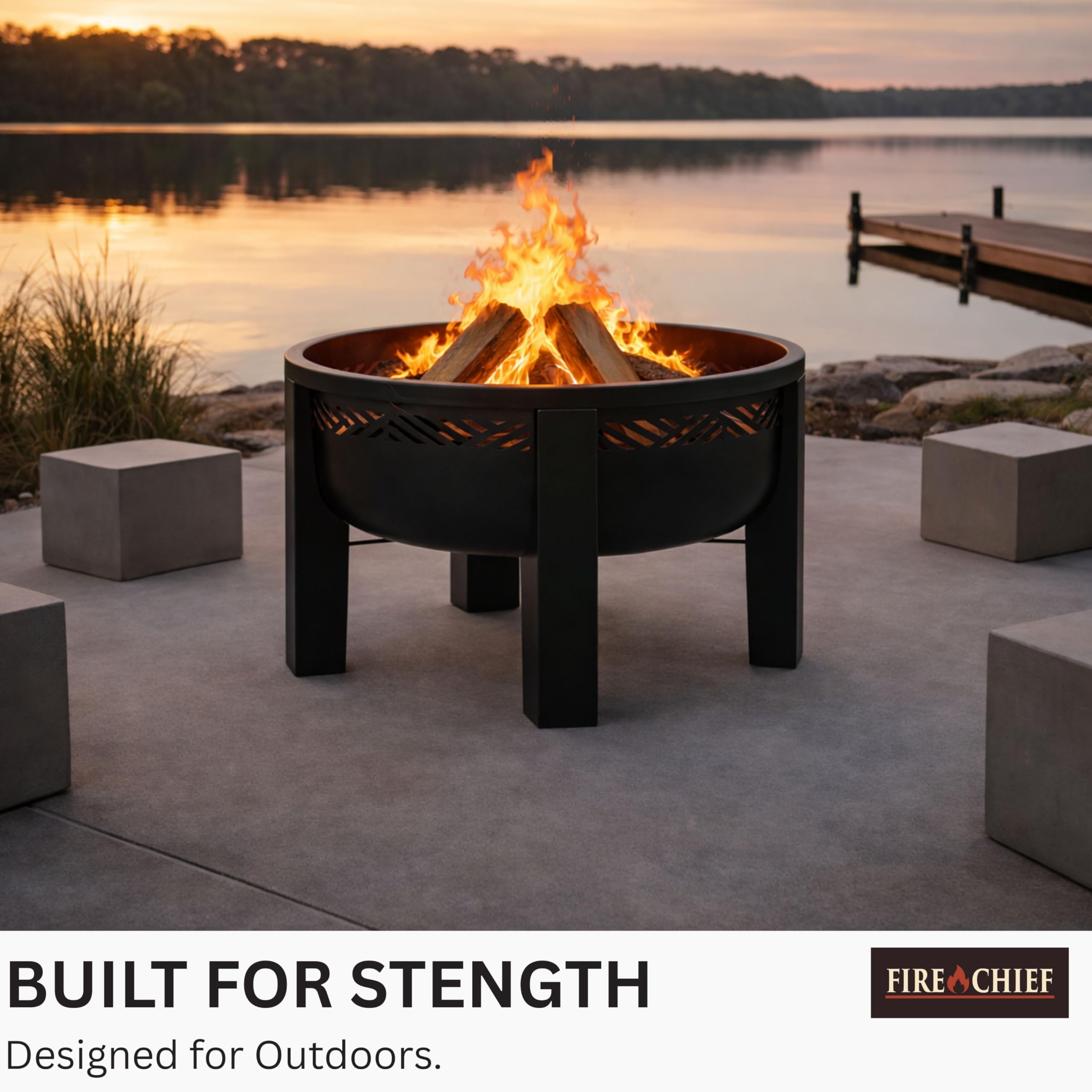 INSIDE OUT patio lifestyle shot showing the fire pit as a focal outdoor gathering piece