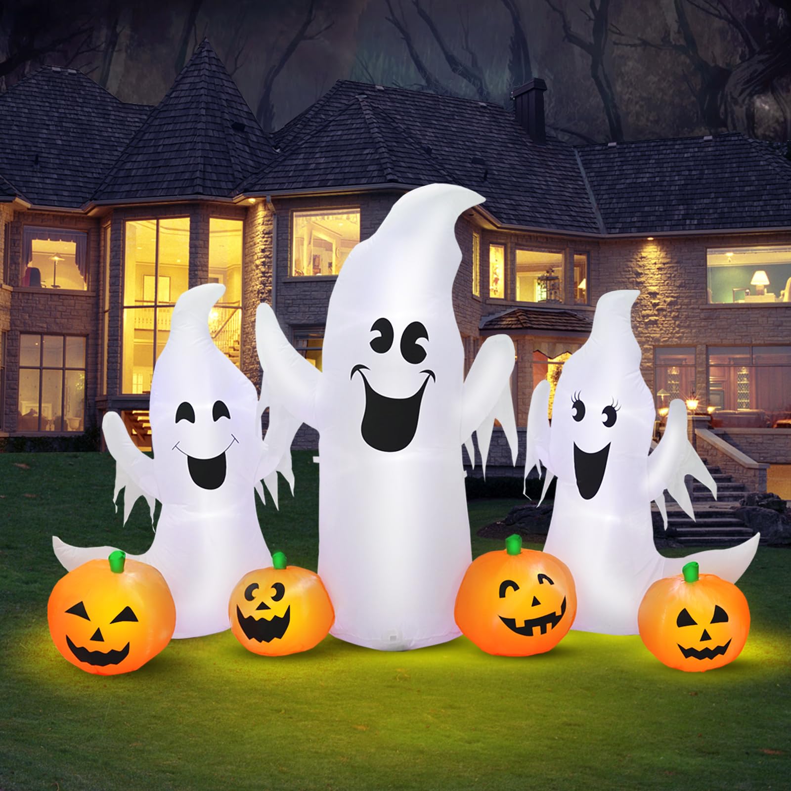 inslife front view showing three ghosts and pumpkins, bright curb appeal