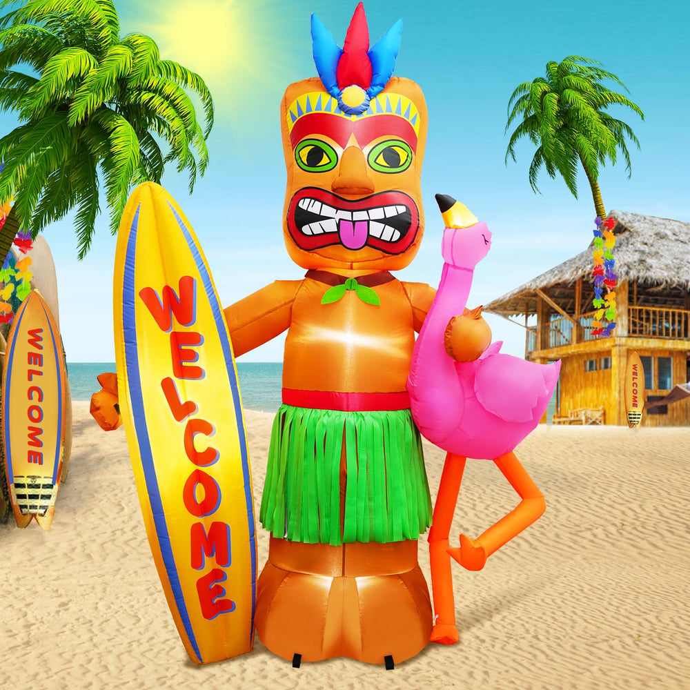 inslife front view tiki and flamingo showing bright tropical welcome