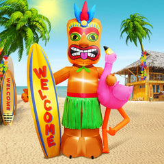 inslife front view tiki and flamingo showing bright tropical welcome