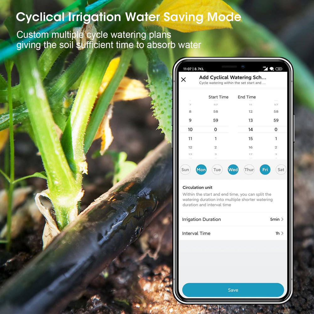 Insoma app scheduling screen on phone showing easy remote watering setup