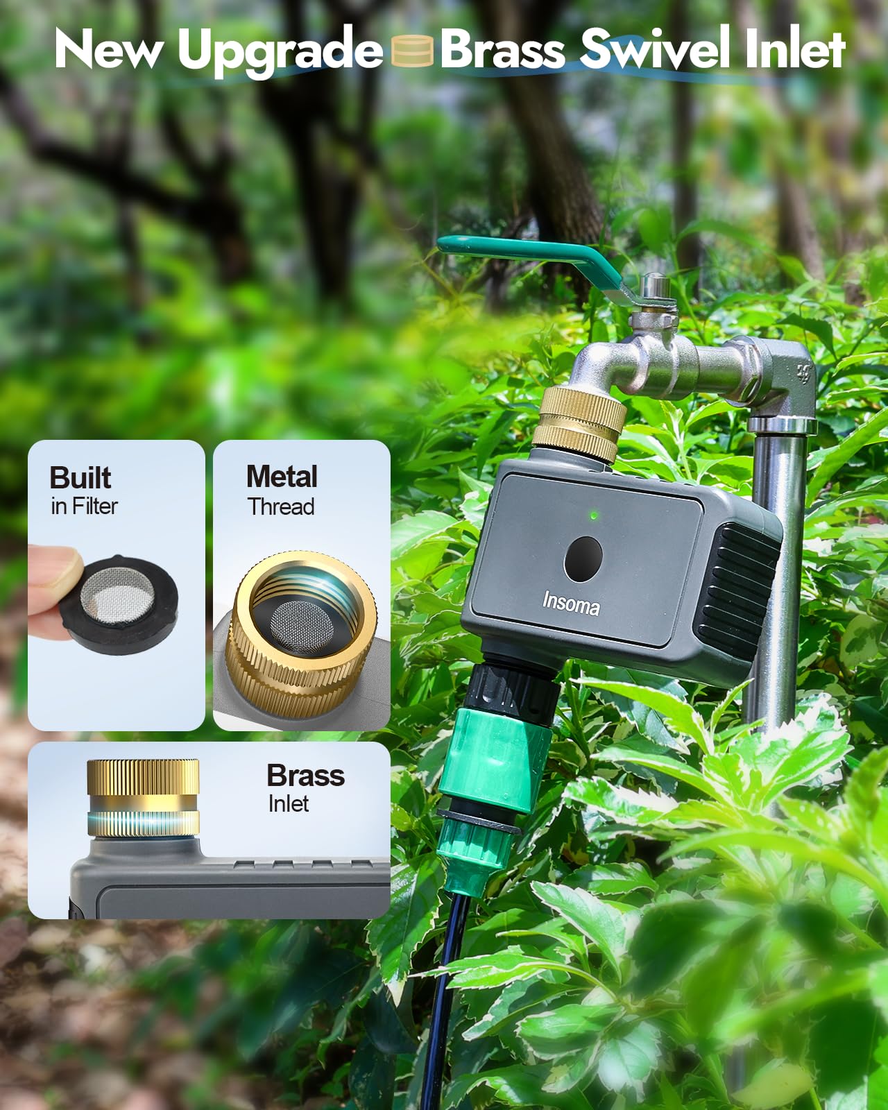 Insoma brass inlet close-up showing metal threads for leak-resistant, long-lasting connection