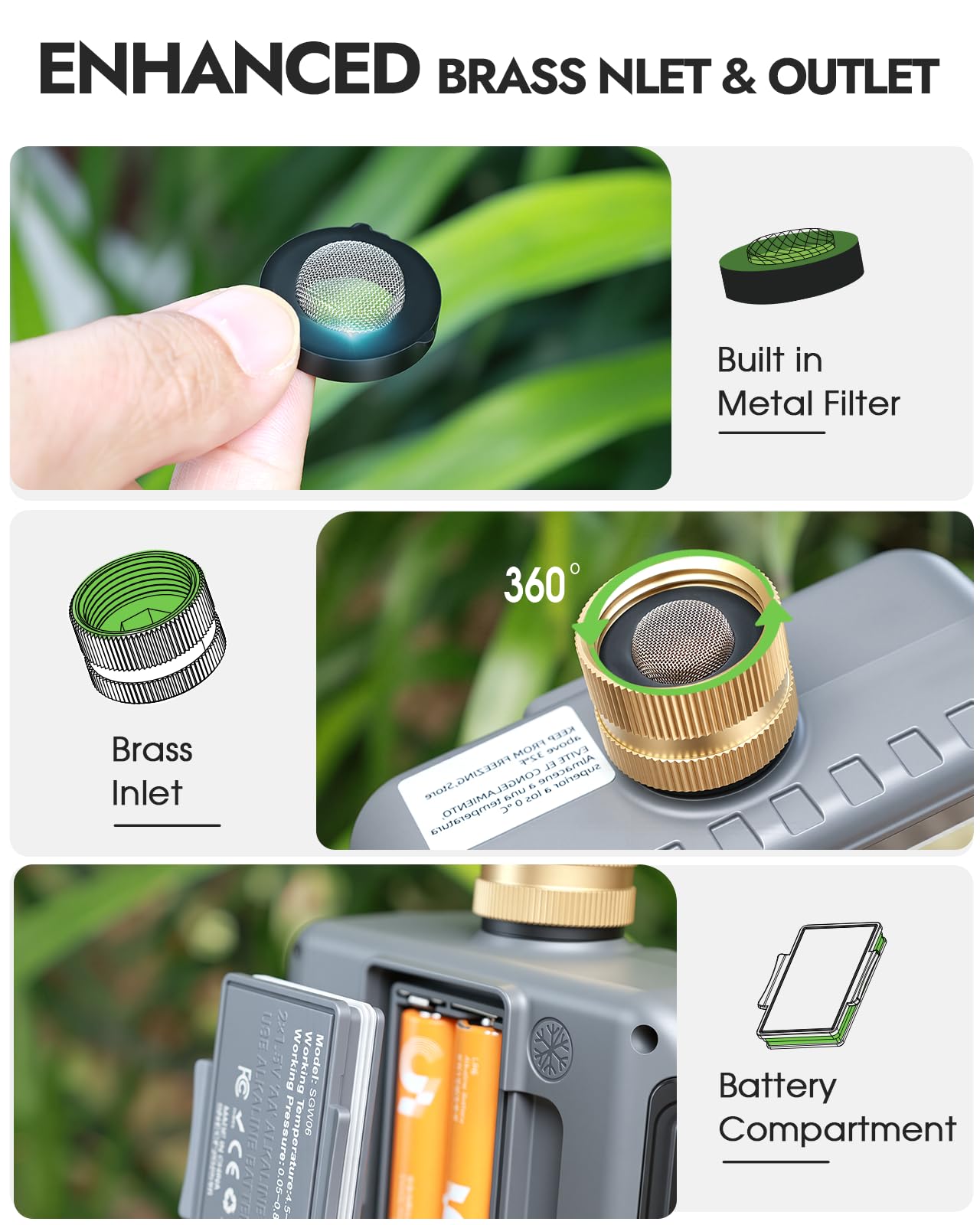 Insoma brass inlet close-up showing durable metal fitting for long life