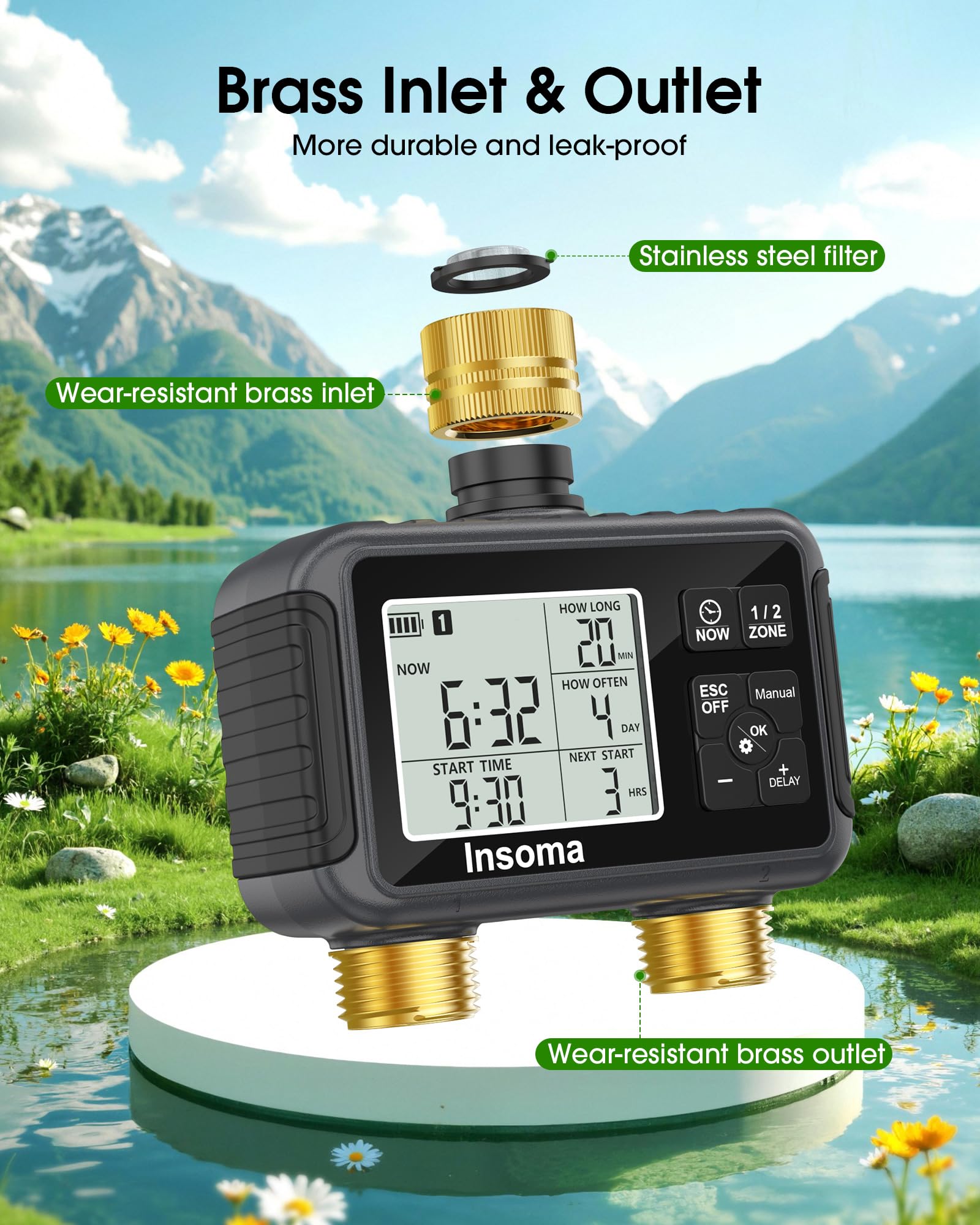 Insoma brass inlet close-up highlighting durable metal connection and leak resistance