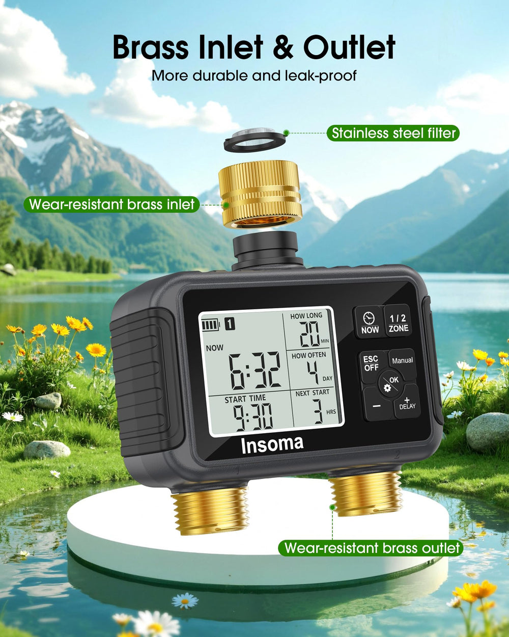 Insoma brass inlet close-up highlighting durable metal connection and leak resistance
