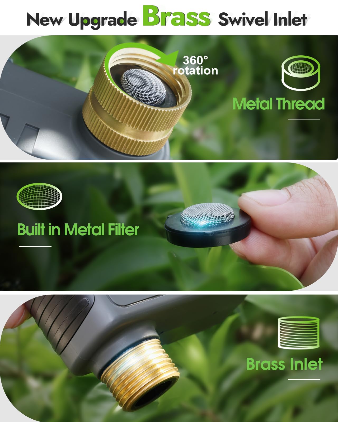 Insoma brass thread closeup highlighting leak-resistant brass inlet advantage