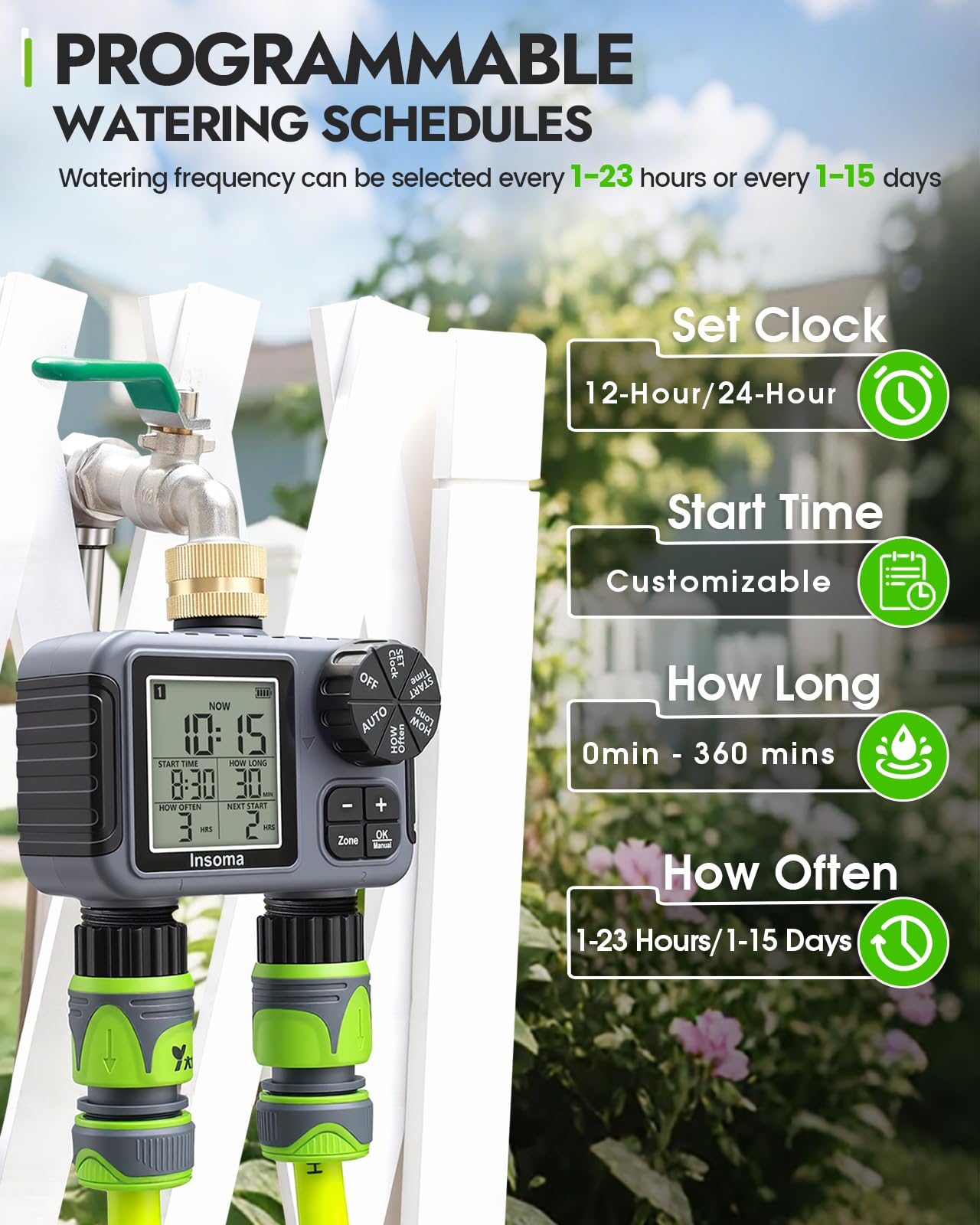 Insoma dual outlet side view highlighting two independent water zones