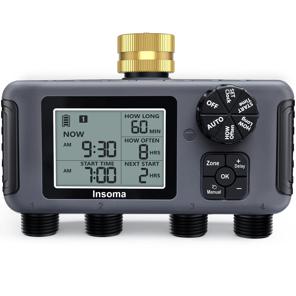 Insoma water timer front panel showing brass inlet and clear controls for reliable connection