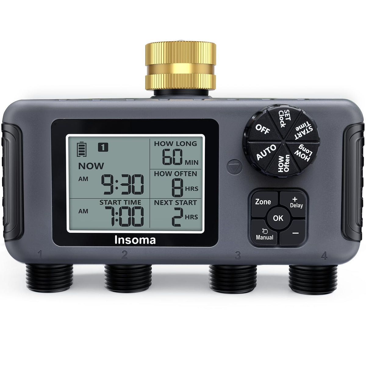Insoma water timer front panel showing brass inlet and clear controls for reliable connection