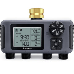 Insoma water timer front panel showing brass inlet and clear controls for reliable connection
