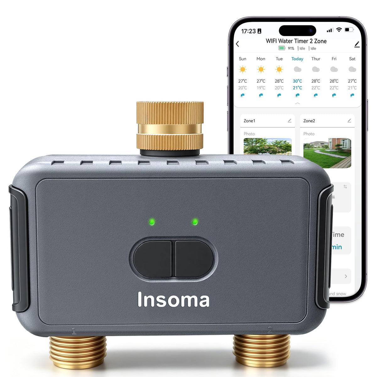 Insoma front panel showing brass inlet and outlet, durable leak-resistant connection