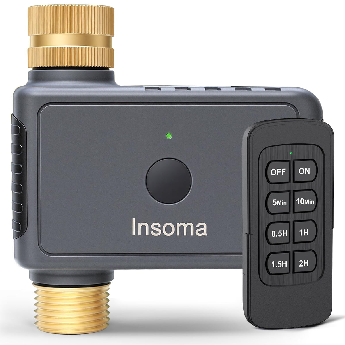 Insoma front view showing brass connectors and IP55 housing for durable outdoor use