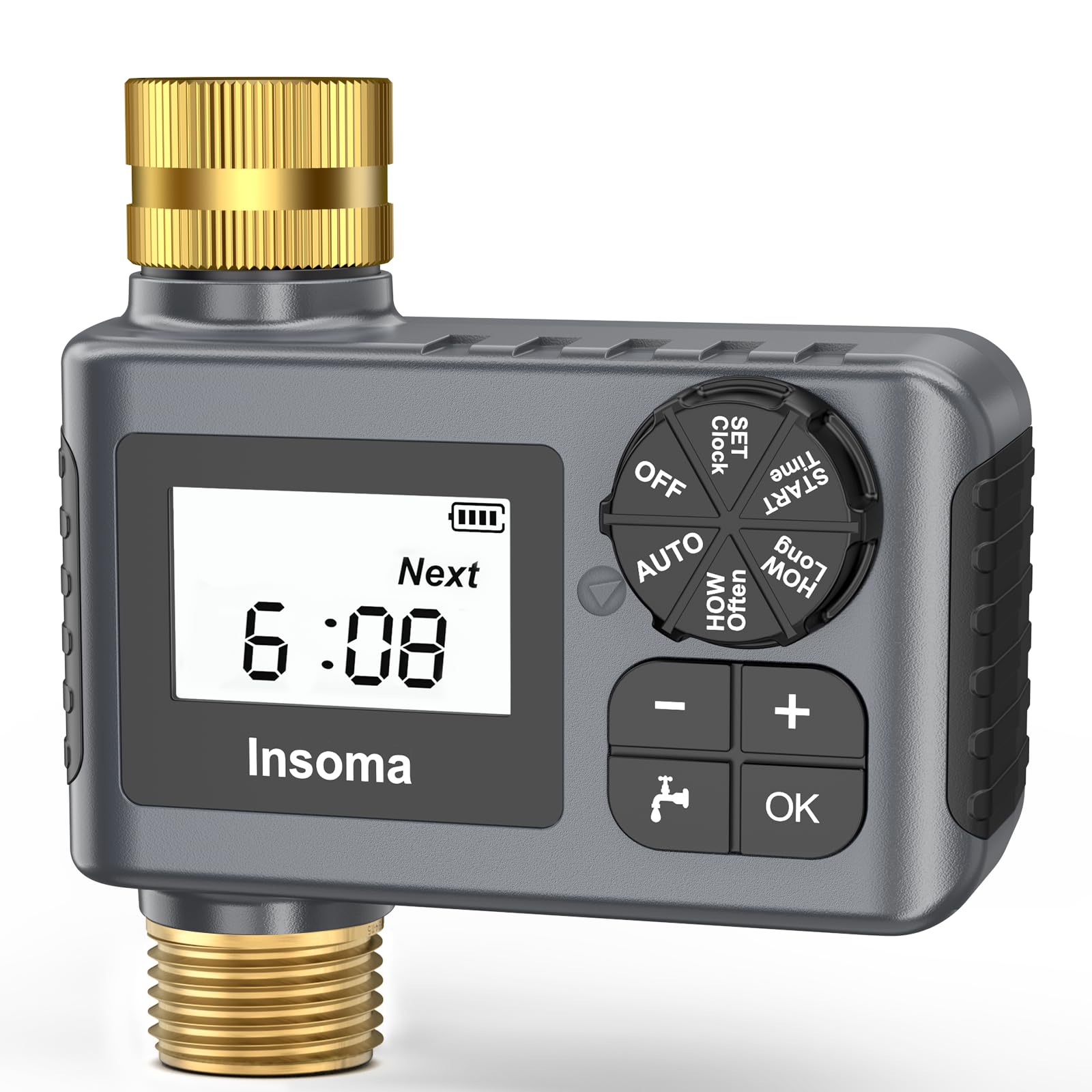 Insoma front view showing brass inlet and outlet for leak-resistant connection