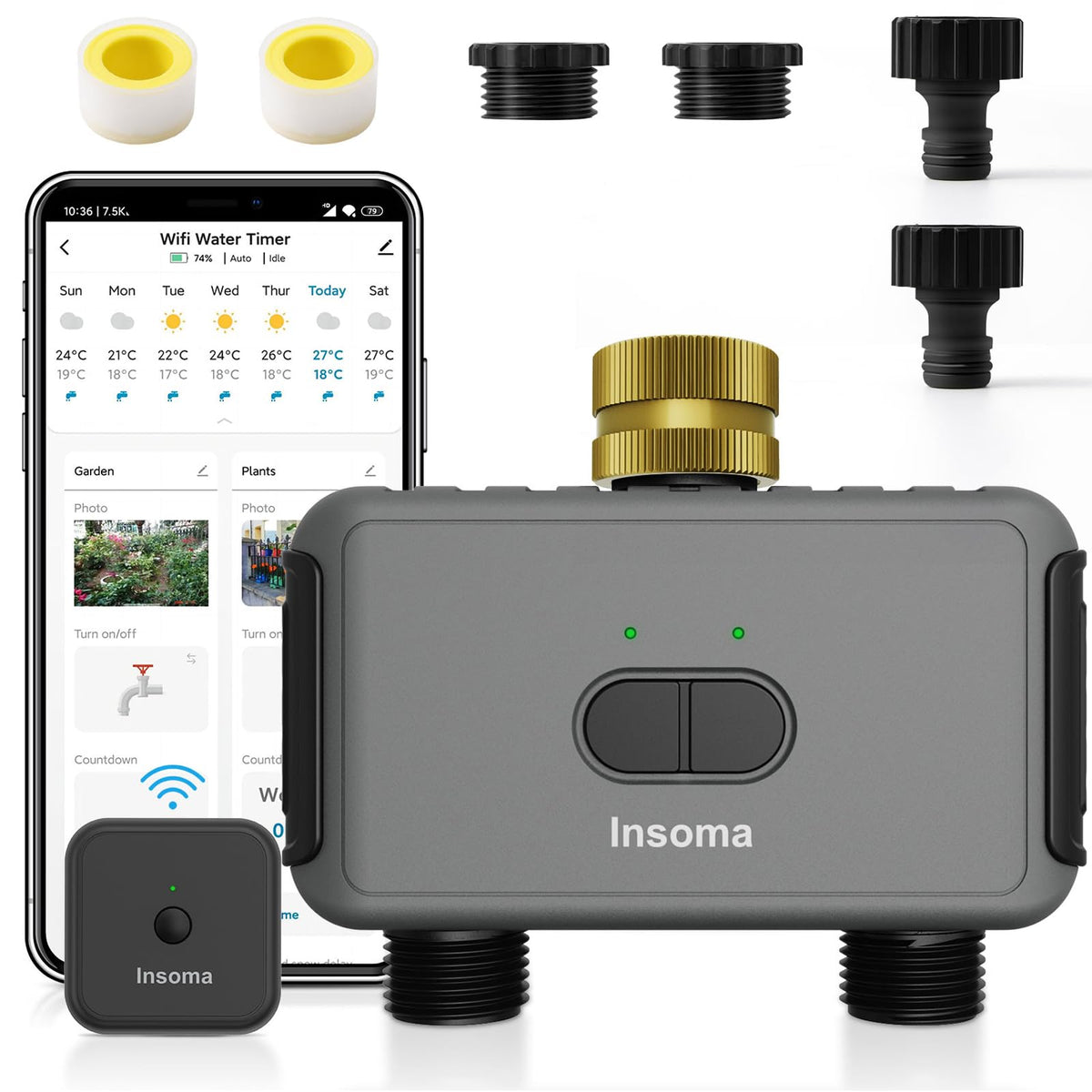 Insoma front view with brass inlet showing durable connection and reliable watering