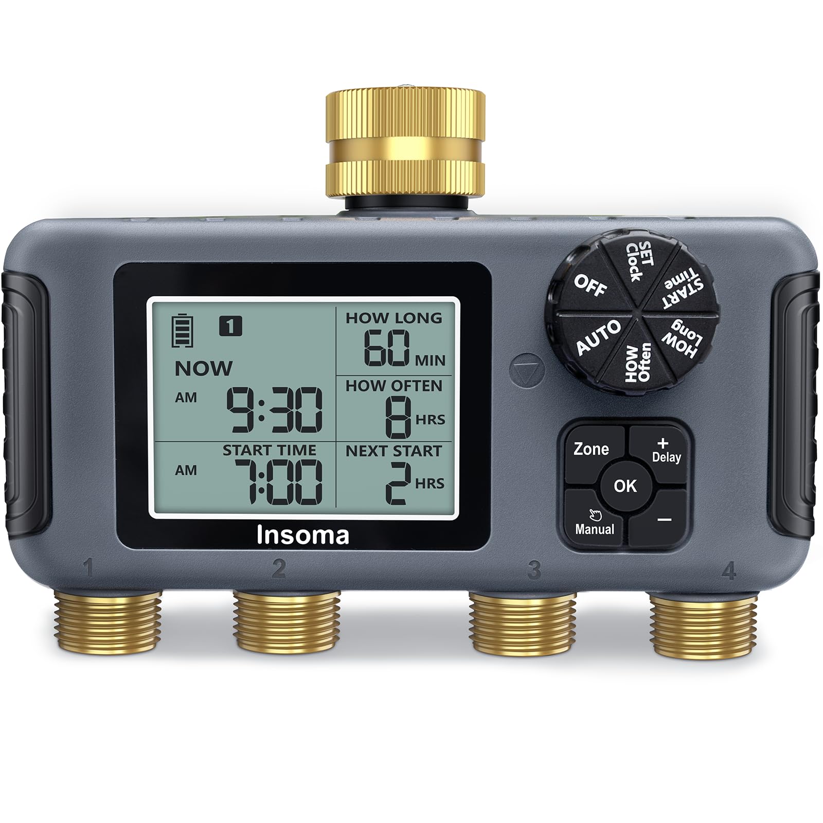Insoma front view with brass inlet showing durable outdoor controller benefit