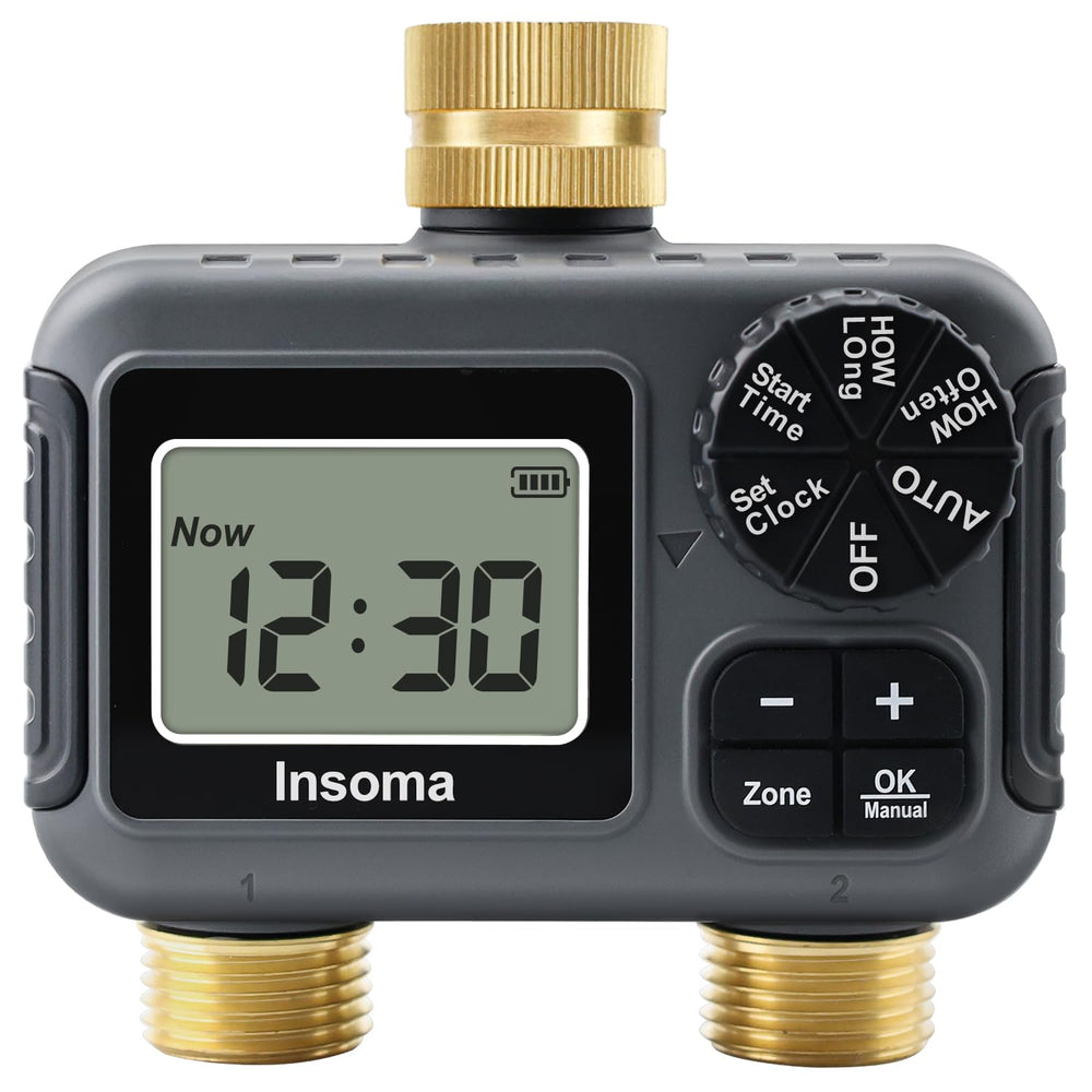 Insoma front view showing dual-zone controller and sturdy build for reliable watering
