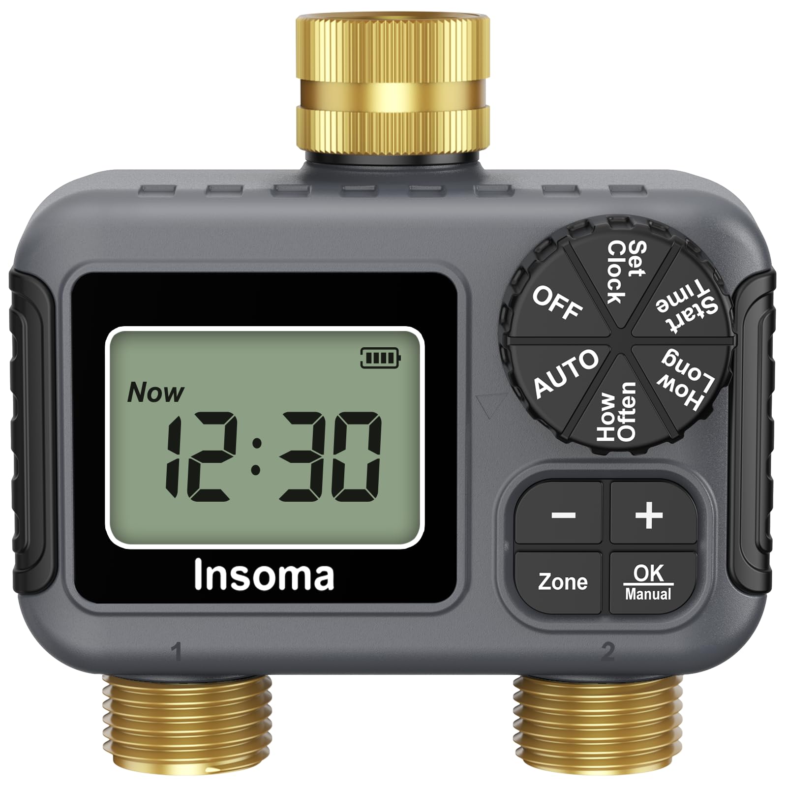 Insoma front view dual outlet timer showing ports and display for easy control