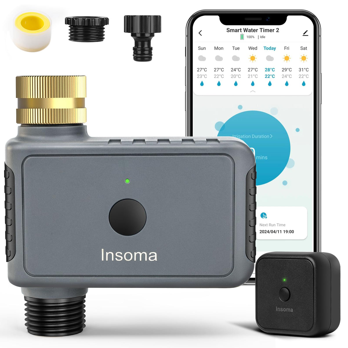 Insoma timer front view attached to faucet showing durable control, adds reliable remote watering