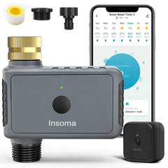Insoma timer front view attached to faucet showing durable control, adds reliable remote watering
