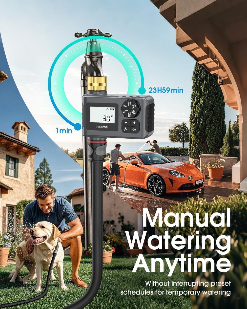 Insoma attached to garden hose demonstrating hands-free automatic watering