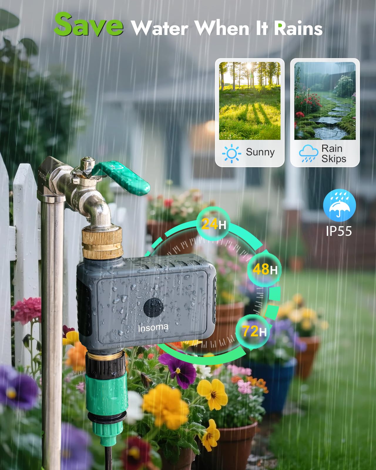 Insoma installed on garden faucet demonstrating sturdy outdoor connection