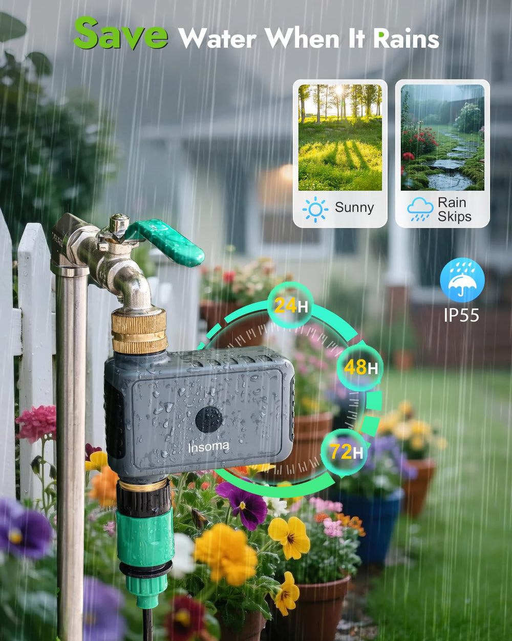 Insoma installed on garden faucet demonstrating sturdy outdoor connection
