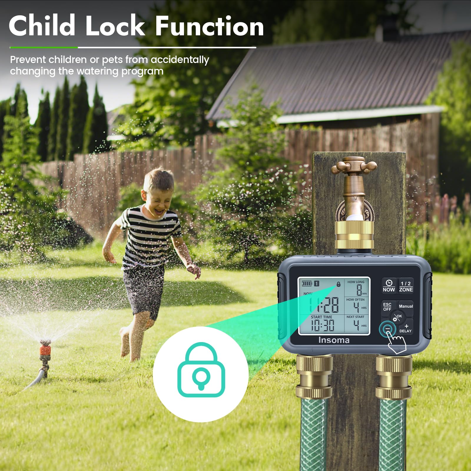 Insoma installed on garden faucet demonstrating quick setup and weatherproofing