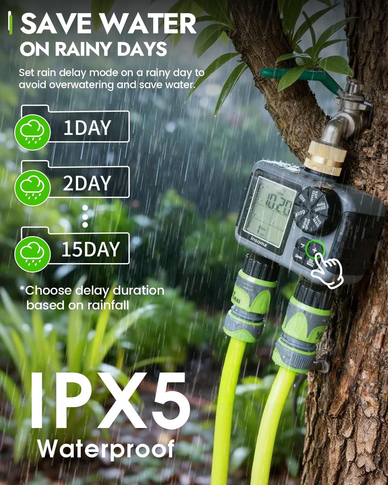 Insoma mounted on garden hose demonstrating quick setup for irrigation