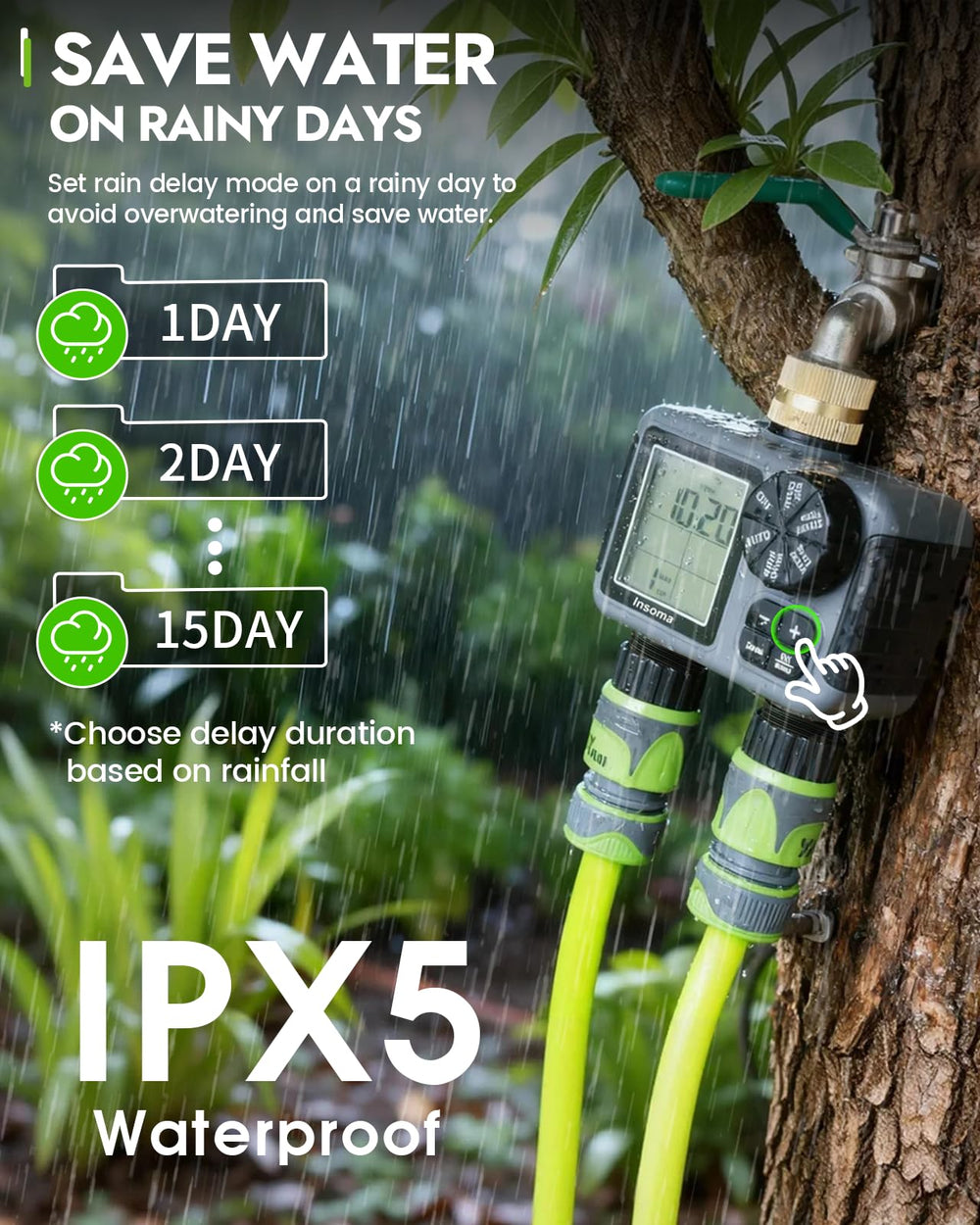 Insoma mounted on garden hose demonstrating quick setup for irrigation