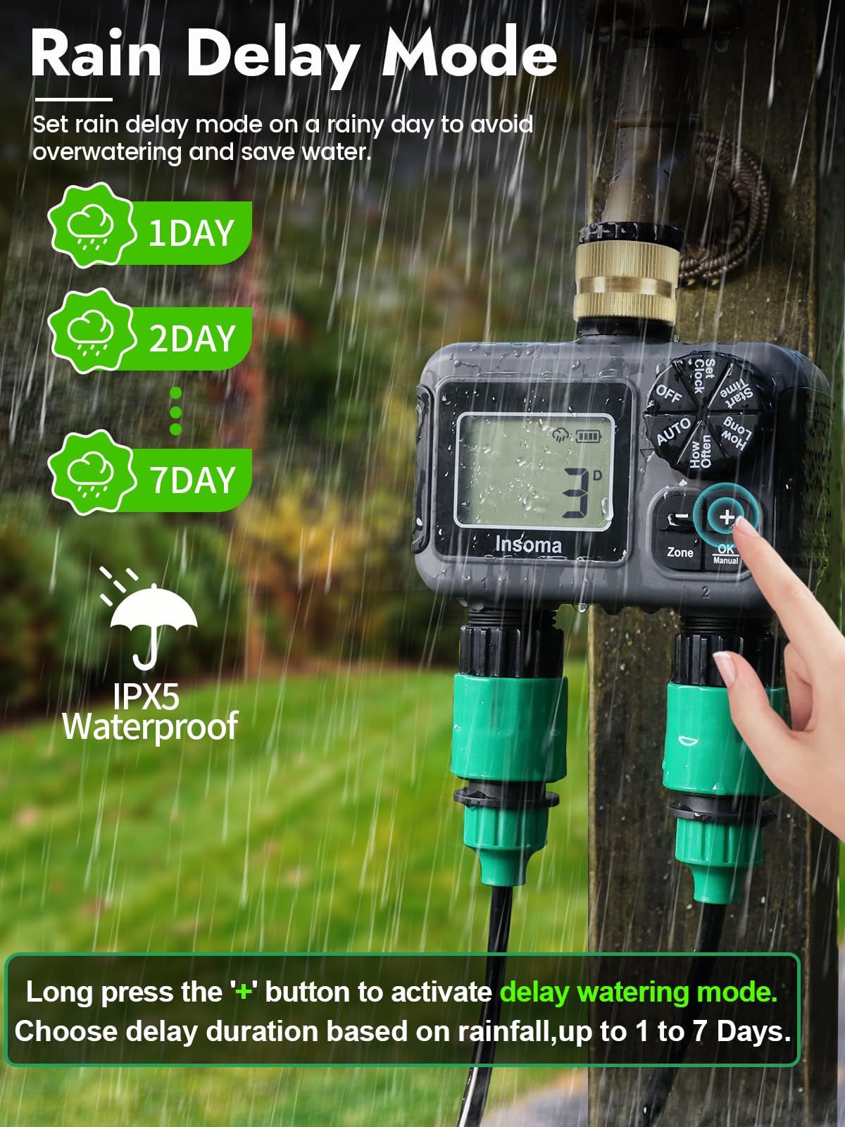 Insoma installed with garden hoses showing easy tool-free setup