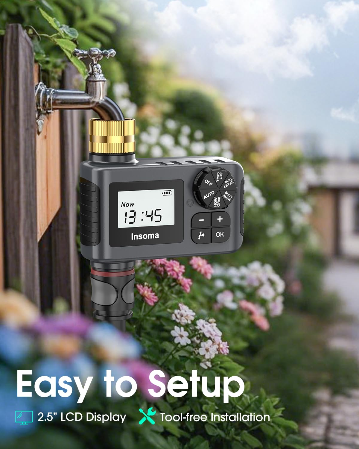 Insoma in a backyard setting controlling lawn watering for convenience