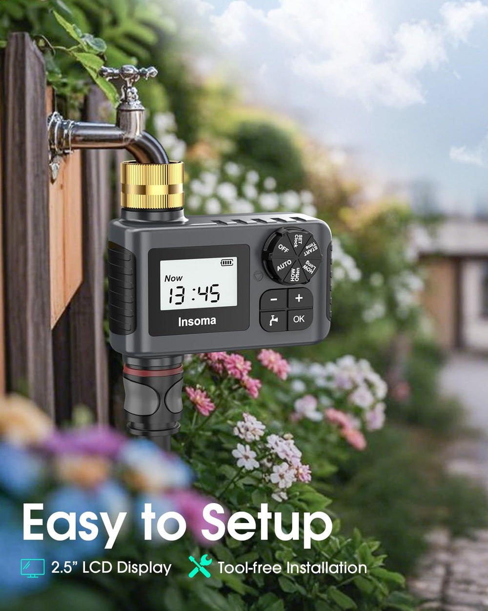 Insoma in a backyard setting controlling lawn watering for convenience