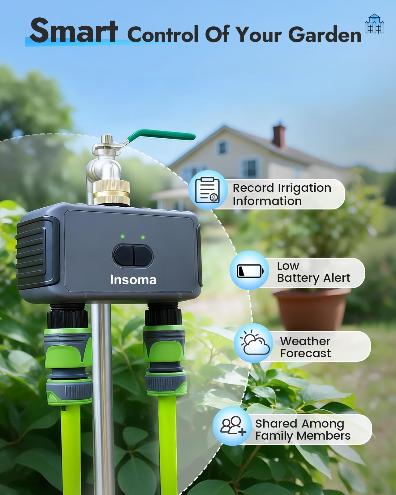 Insoma installed on backyard faucet in garden showing smart watering for healthy plants