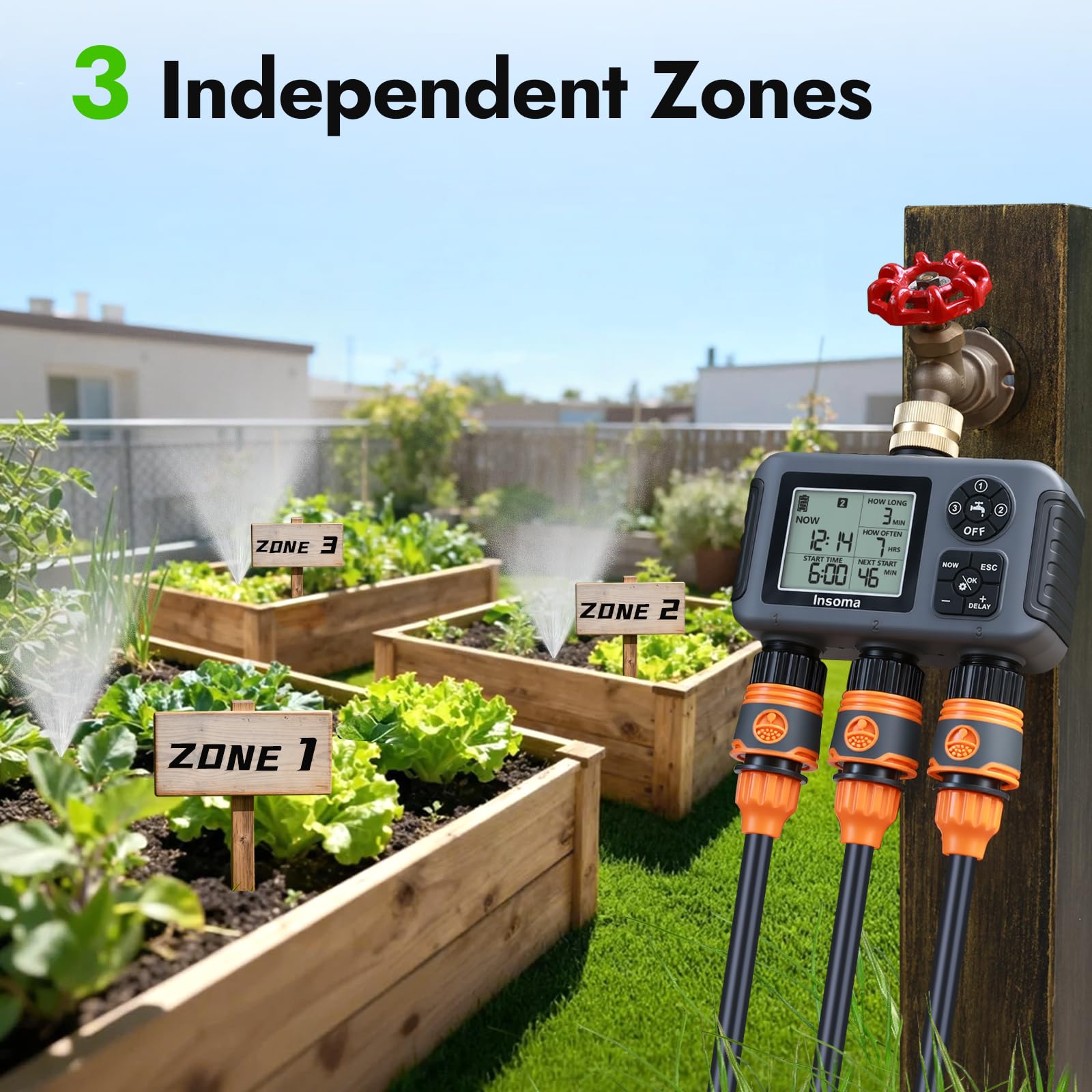 Insoma in garden lifestyle scene showing automated irrigation benefit