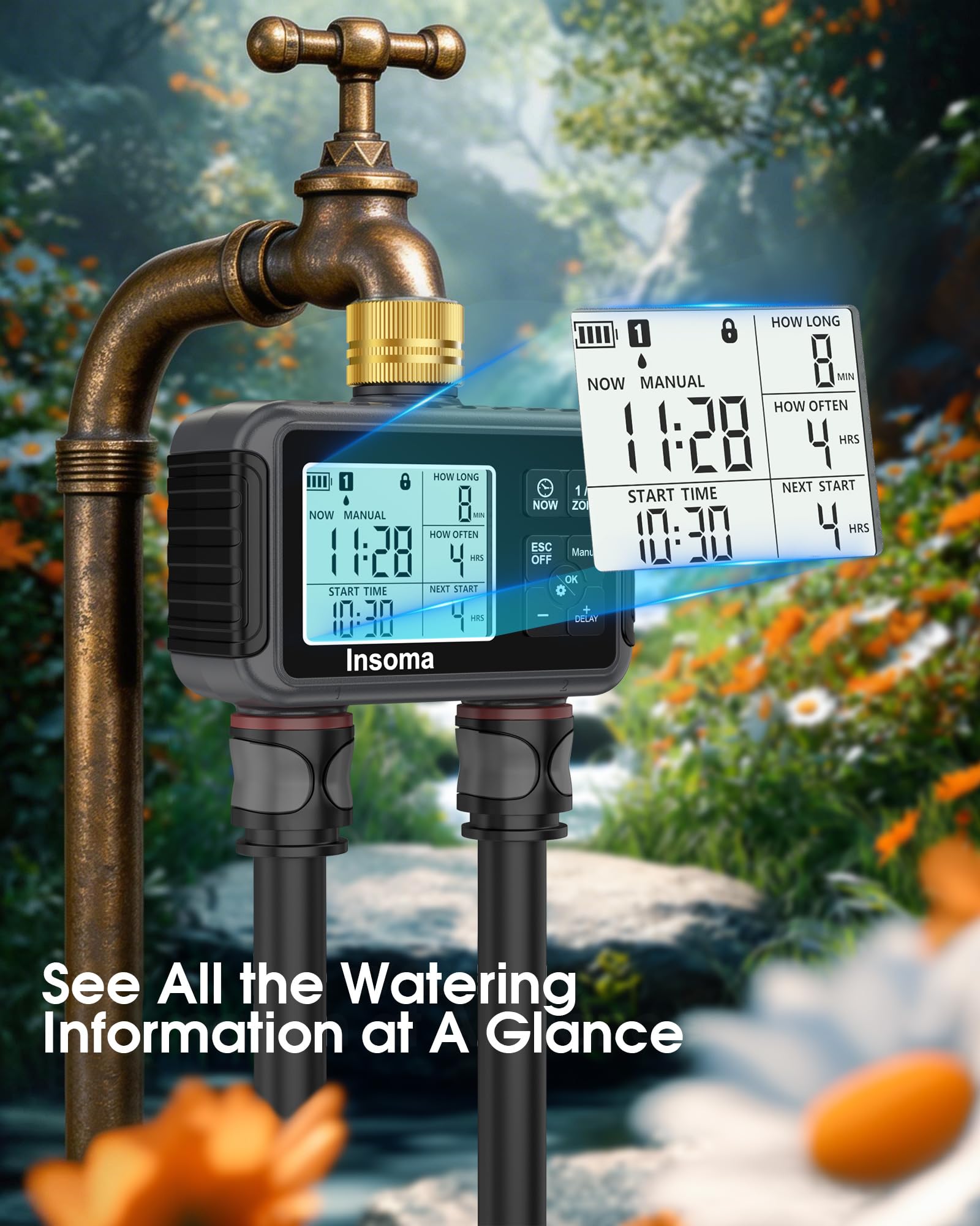 Insoma timer in garden watering setup showing dependable lawn and bed irrigation