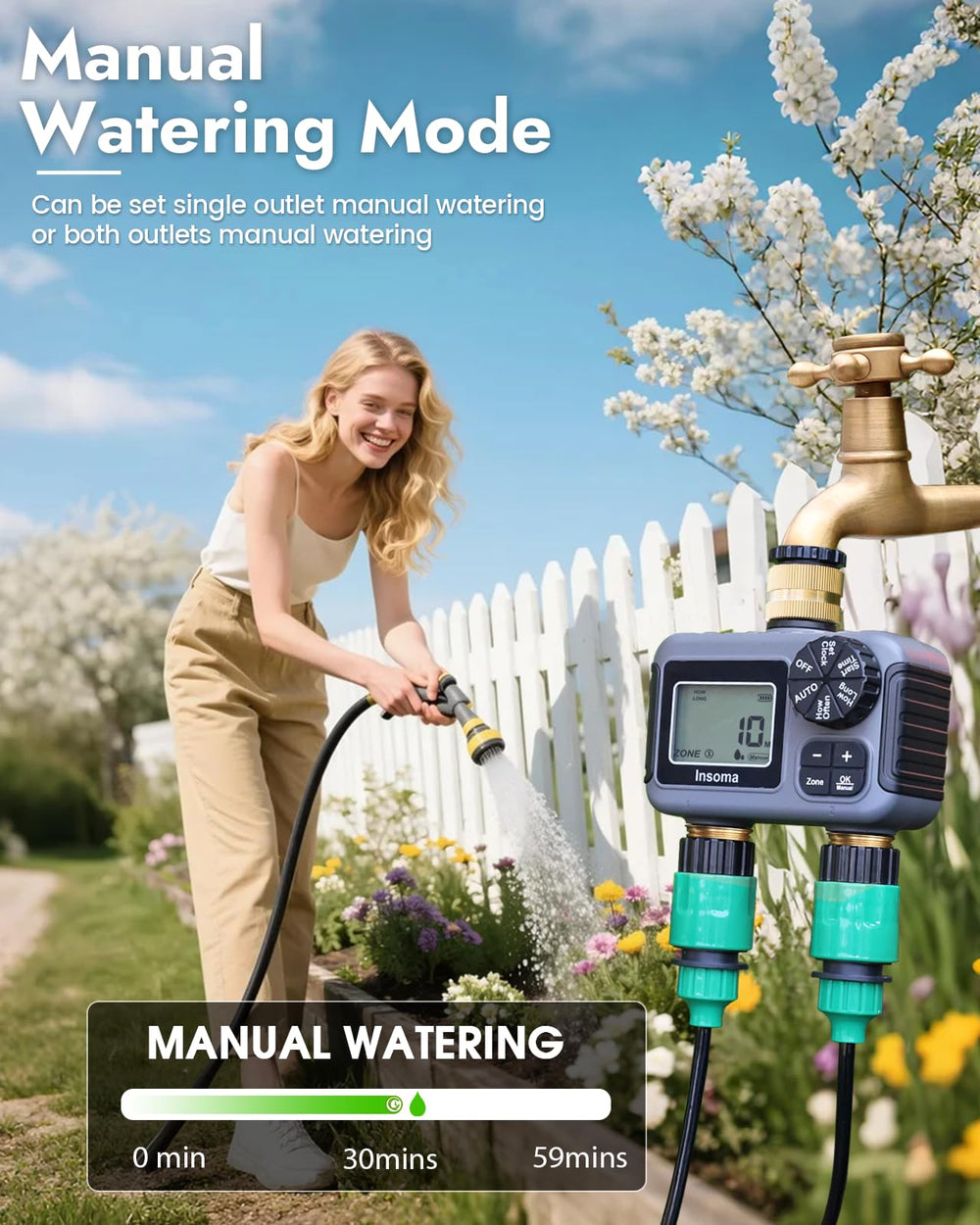 Insoma being manually watered to show one-touch temporary watering convenience